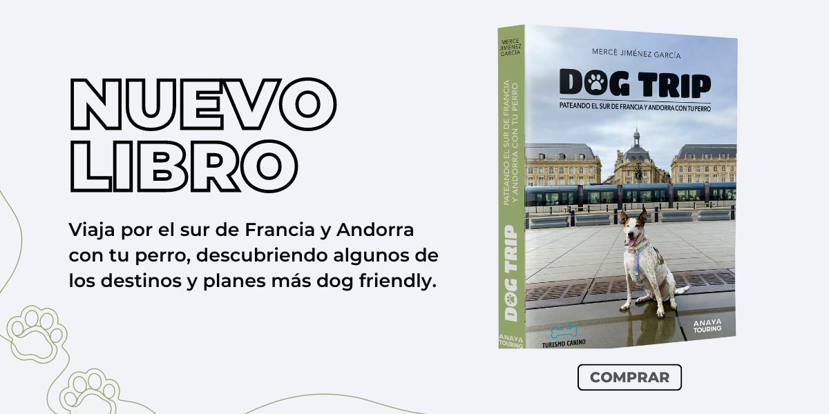 dog trip sur de francia y andorra con perro banner desktop Banner con una guía de viaje en la que aparece un perro en Burdeos